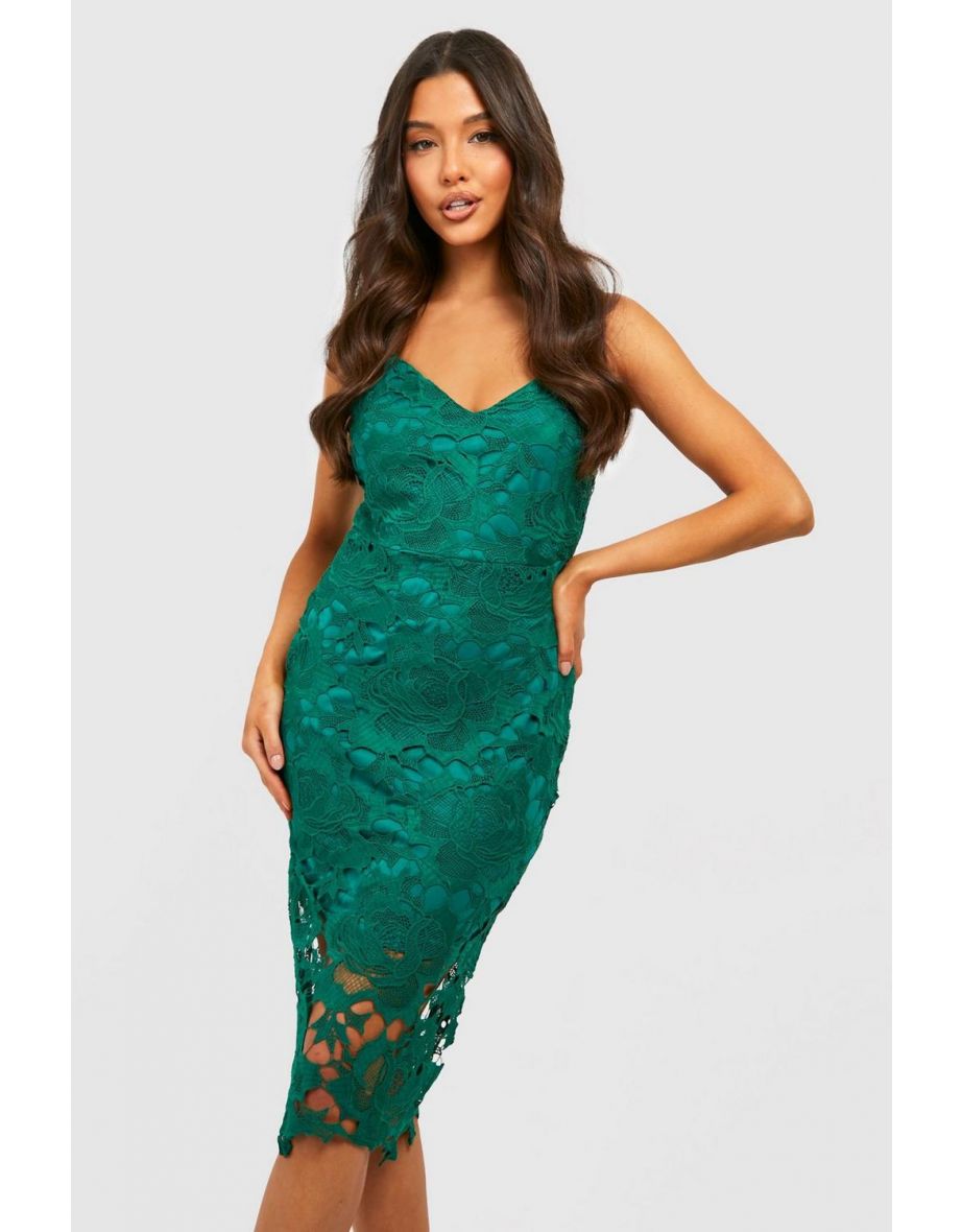 Boutique Crochet Lace Strappy Midi Dress - emerald - 3