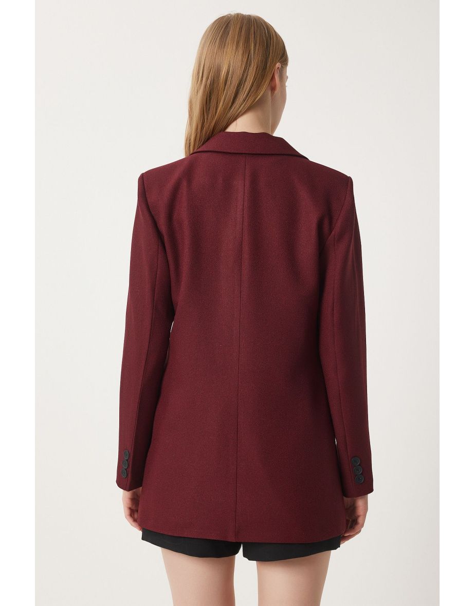 Women's Burgundy Padded Woven Blazer Jacket - 5