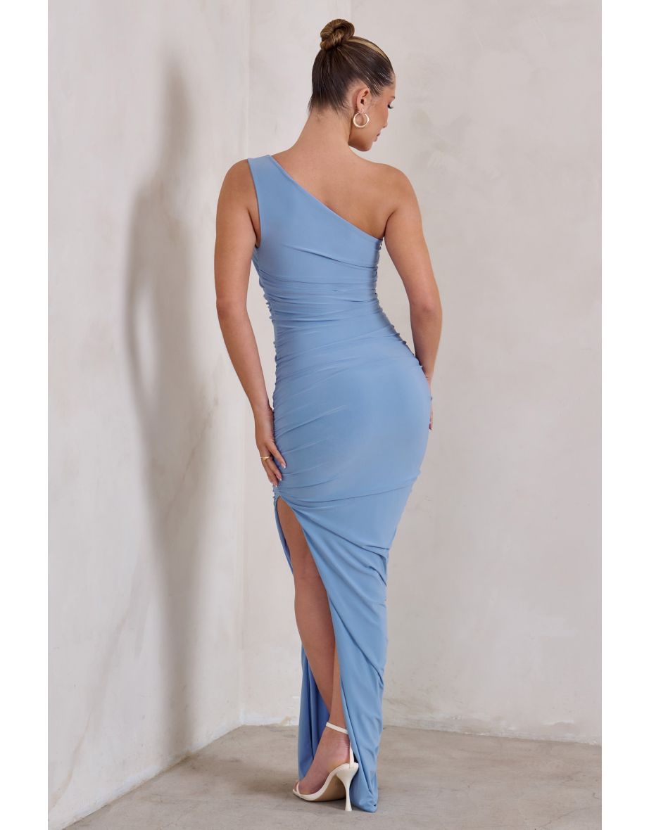 Persia | Powder Blue One Shoulder Split Ruched Maxi Dress - 4