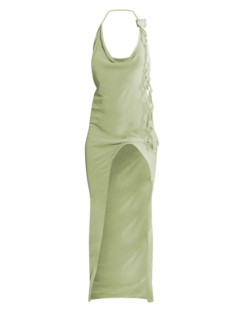 Pale Lime Flower Embellished Sheer Knit Maxi Dress - 4