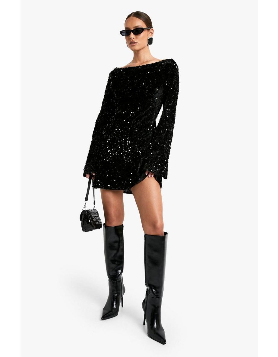 Velvet Sequin Tie Back Shift Dress - black
