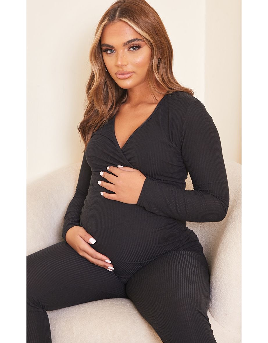 Maternity Black Brushed Rib Ruched Top