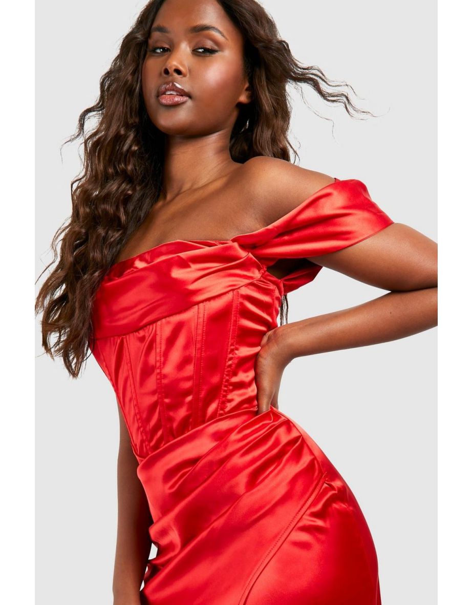 Satin Corset Off Shoulder Midi Dress - red - 3
