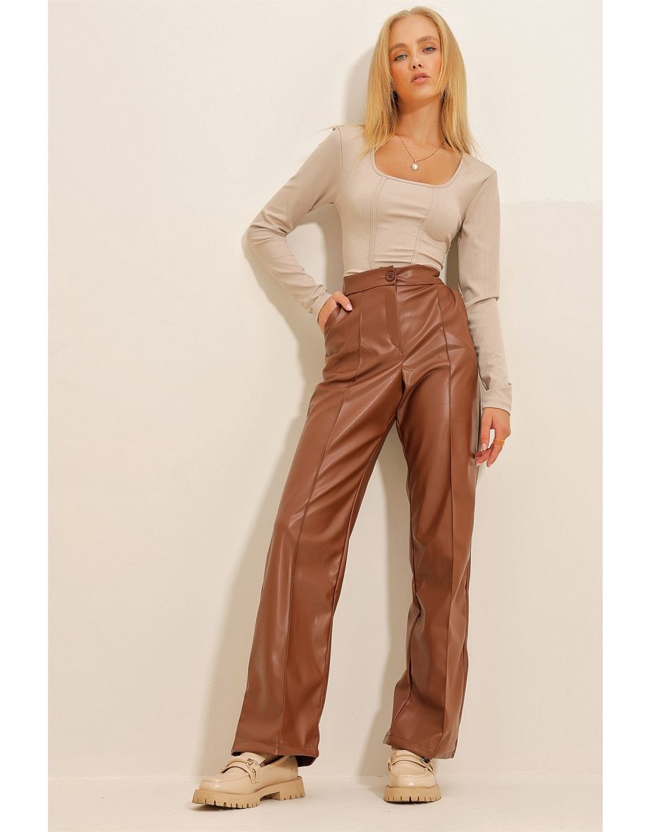 Women's Tan and Grass Front Double Pocketed Faux Leather Palazzo Pants