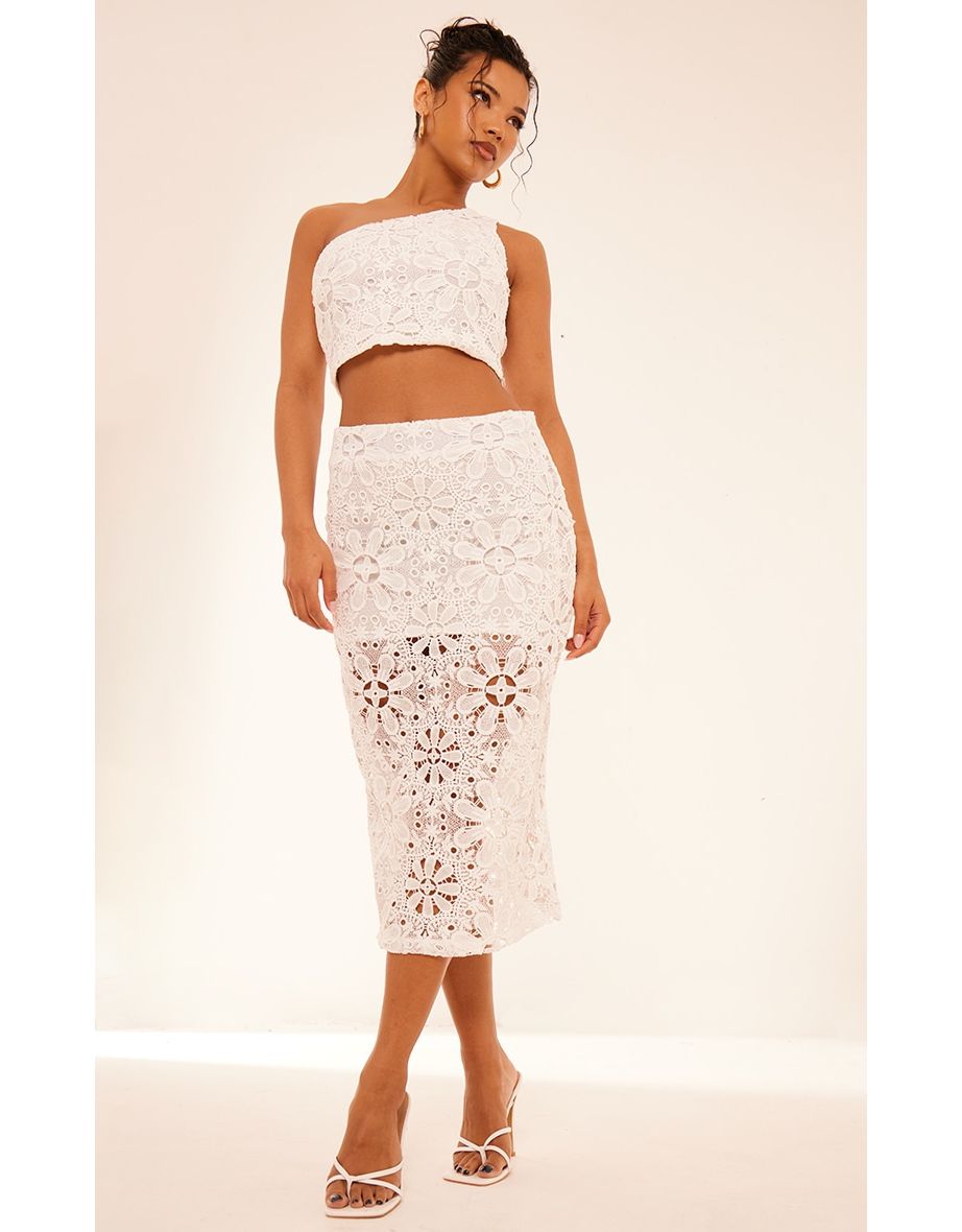 White Floral Lace Mid Rise Midaxi Skirt