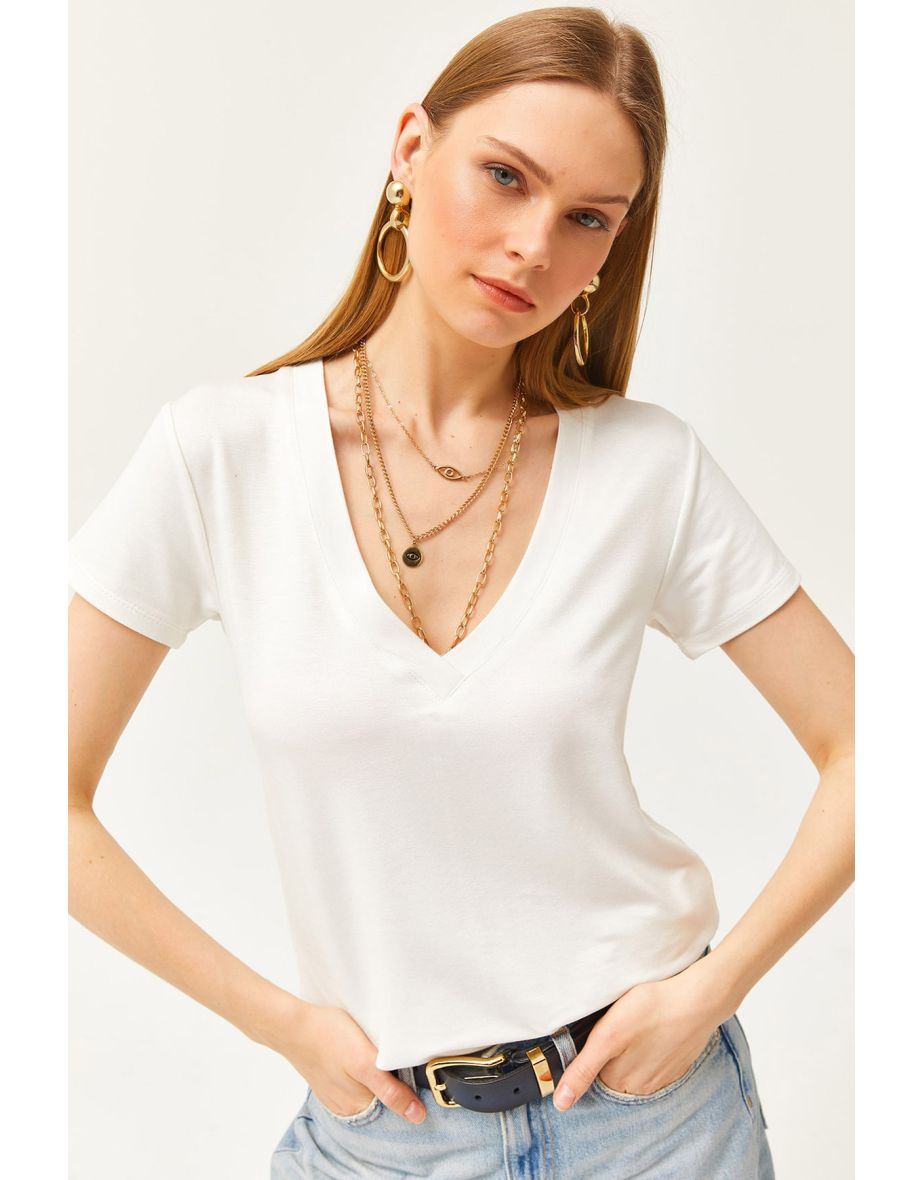 Women's Ecru Deep V-Neck Modal Touch T-Shirt