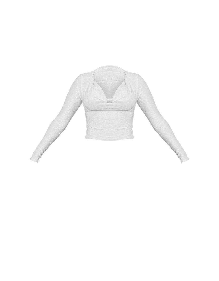 Silver Glitter Cowl Neck Long Sleeve Top - 4