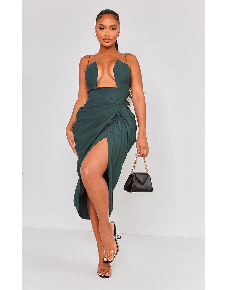 Shape Emerald Green Woven Cut Out Detail Ruched Midi Dress