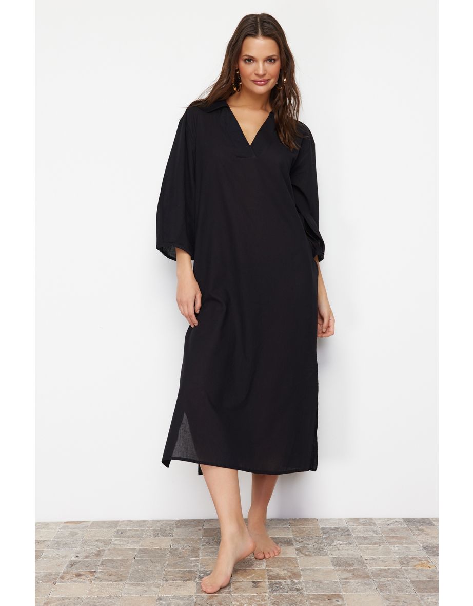 Black Wide Fit Midi Woven Beach Dress