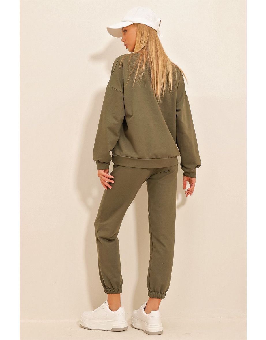 Women's Khaki Crew Neck Two Thread Basic Tracksuit Set - 6