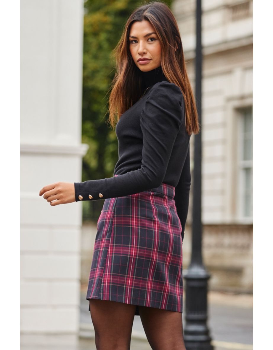 Red & Black Checked A-Line Skirt With Button Detail - 4