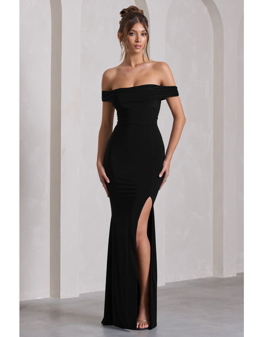 Black Bardot Draped Split Maxi Dress