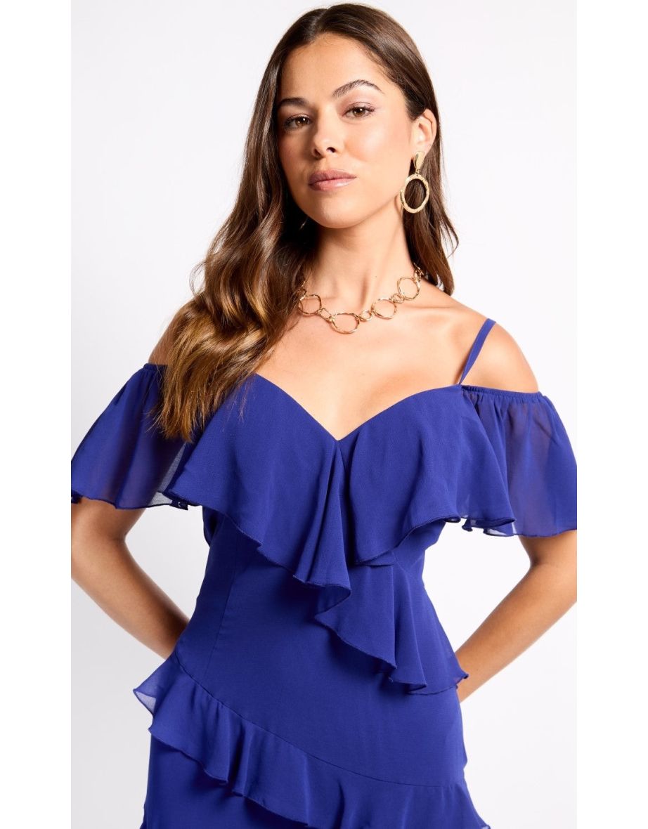 Cobalt Frill Cold Shoulder Midaxi Dress - 3