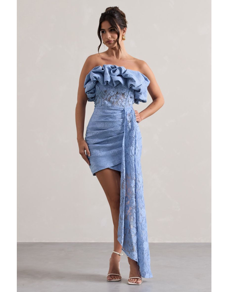 Neptune | Blue Lace Strapless Ruffled Mini Dress With Drape
