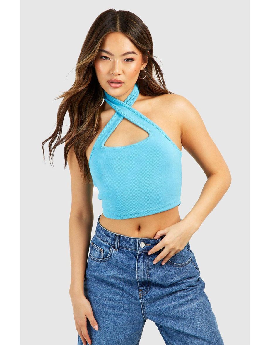 Halter Neck Rib Crop Top - turquoise