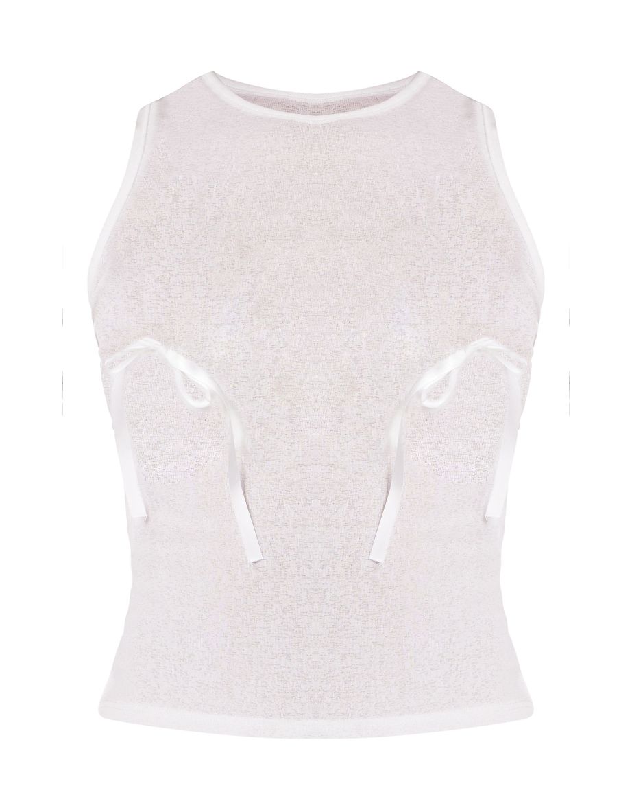 White Bow Detail Burnout Mesh Long Top - 4