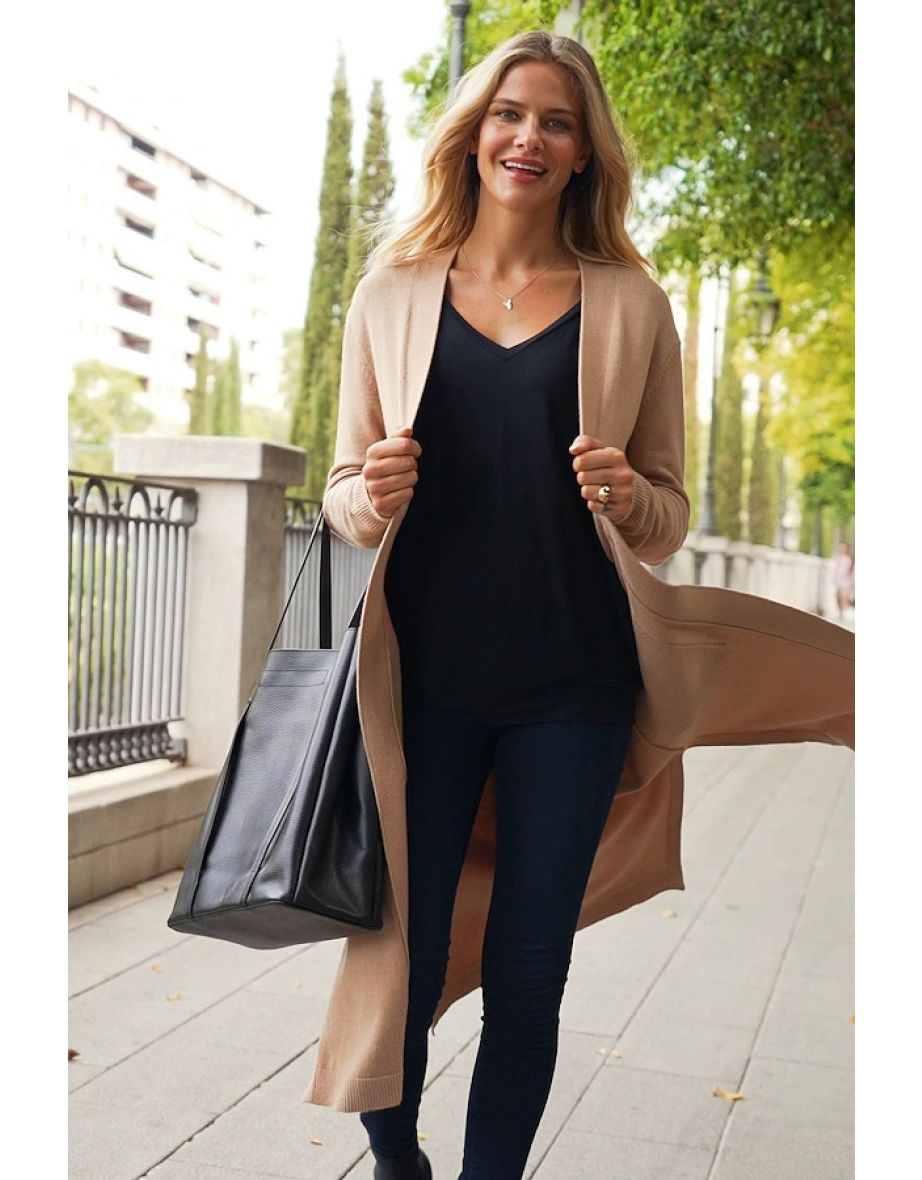 Camel Longline Belted Cardigan With Pockets - 3