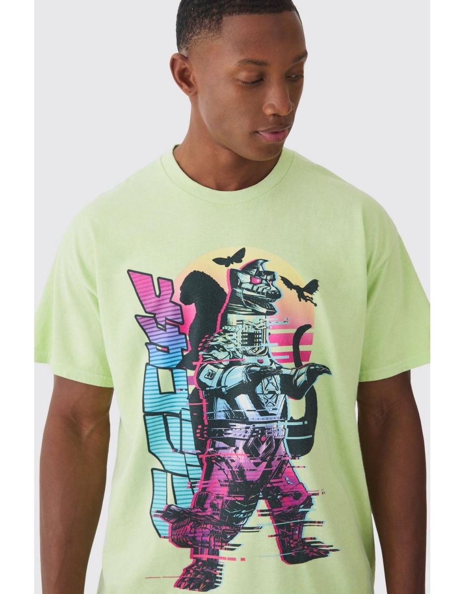 Oversized Godzilla Anime Wash License T-shirt - green - 2