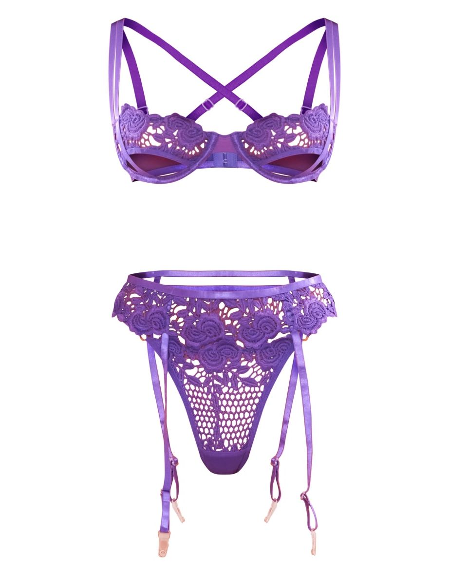 Purple Crochet Lace Detail Mesh 3 Piece Lingerie Set - 3