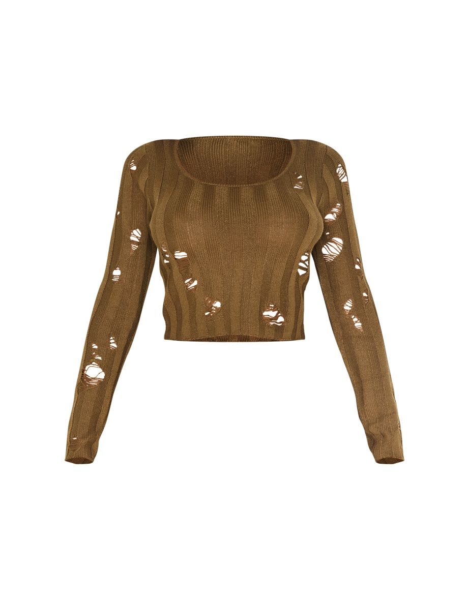 Shape Khaki Distress Ribbed Knitted Long Sleeve Top - 4