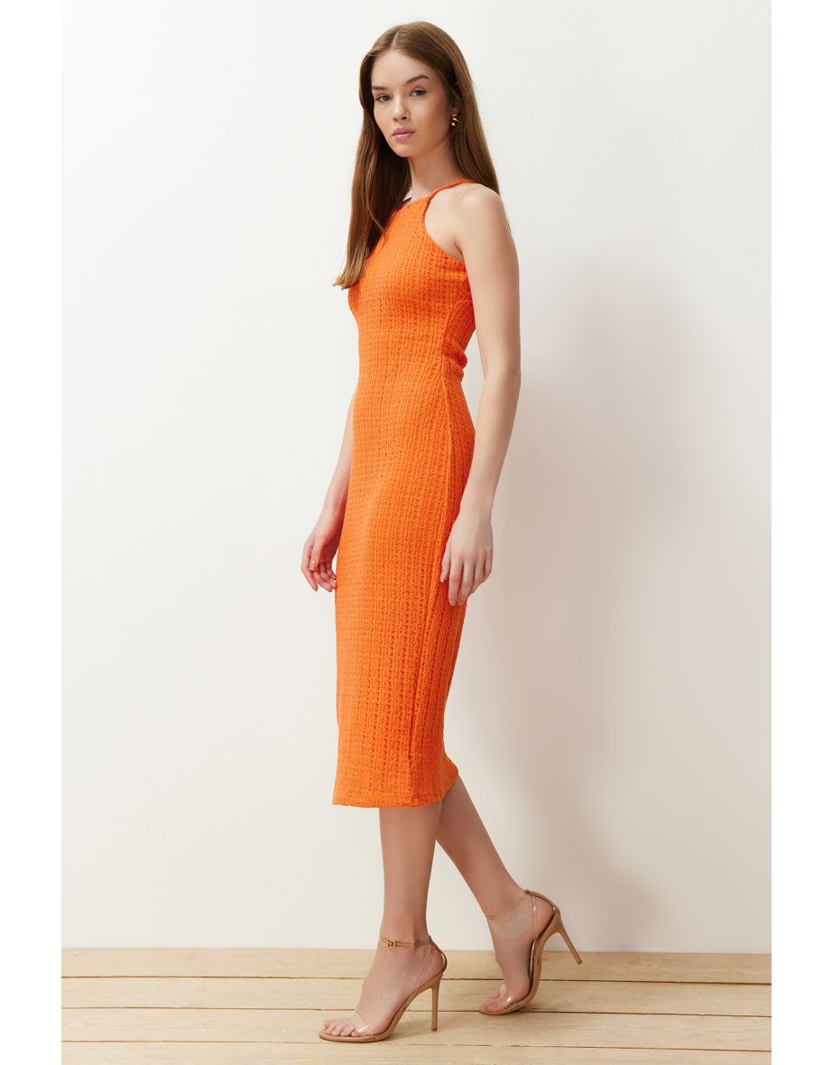 Orange Knitwear Look Halter Neck Knitted  Dress