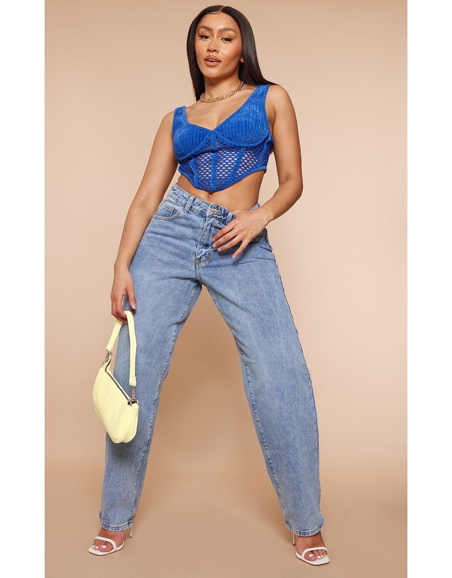 Shop Shape Bright Blue Textured Crochet Corset Top Online in Shop Shape Bright Blue Textured Crochet Corset Top Online in