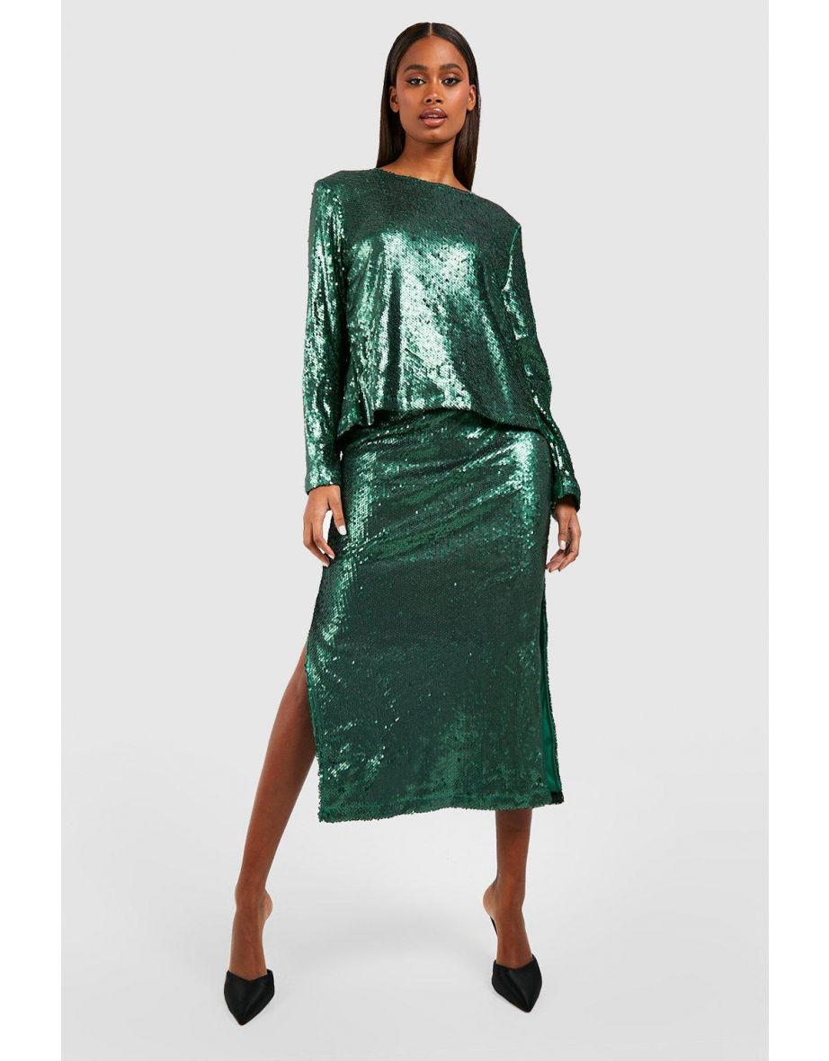 Matte Sequin Split Side Midaxi Skirt - emerald