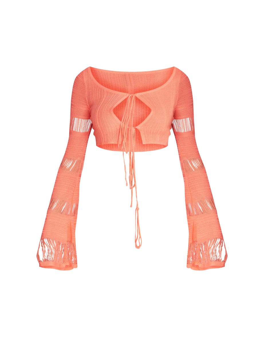 Coral Sheer Textured Knit Tie Front Top - 4