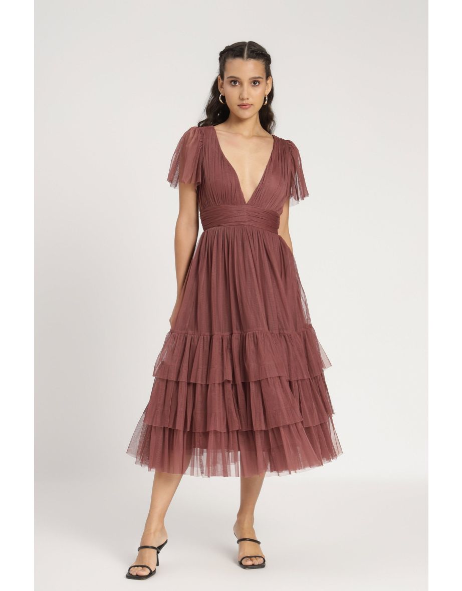 Madison Rose Brown Tulle Bridesmaid Midi Dress