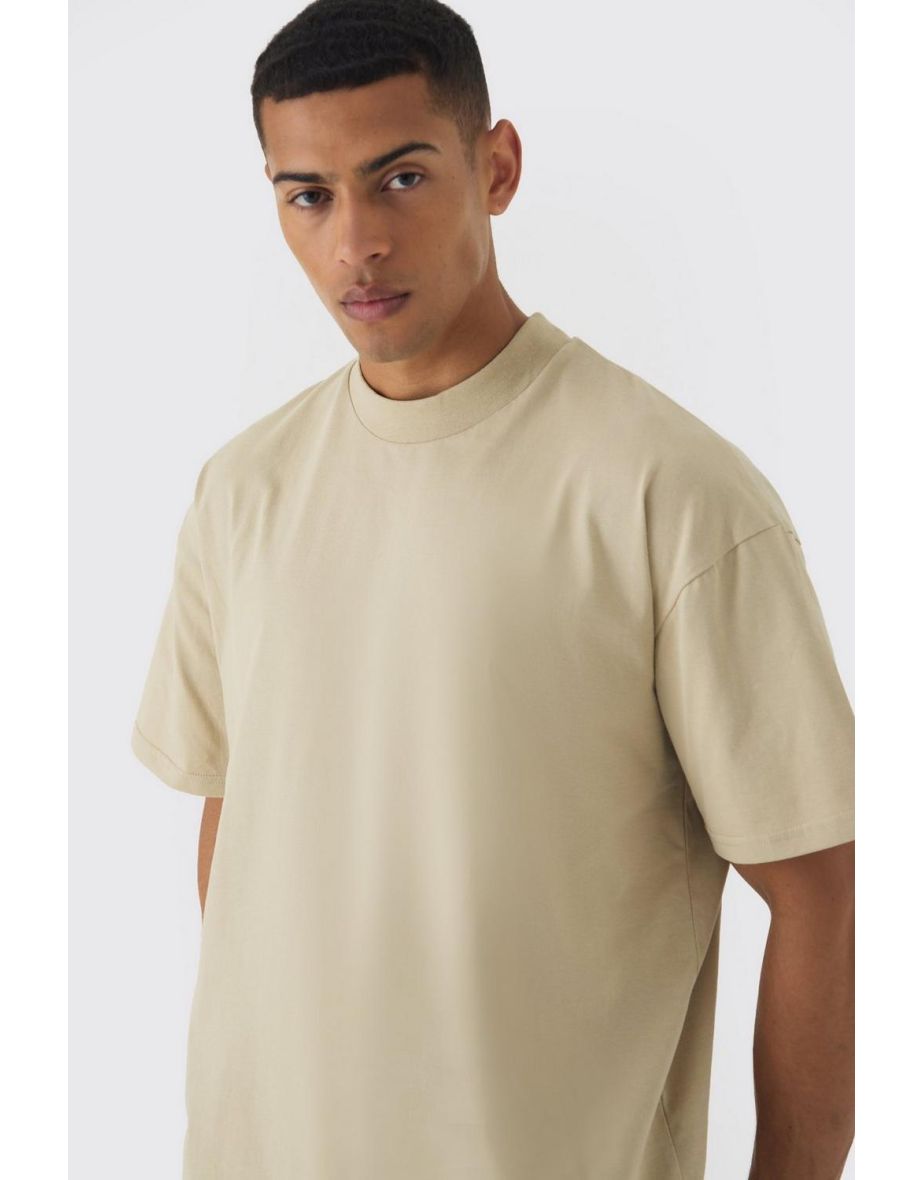 Oversized Extended Neck Heavyweight Woven Tab T-shirt - stone - 2