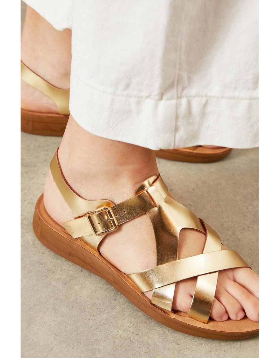 Good For The Sole: Grace Faux Leather T-bar Flexi Comfort Low Wedge Sandals - 3