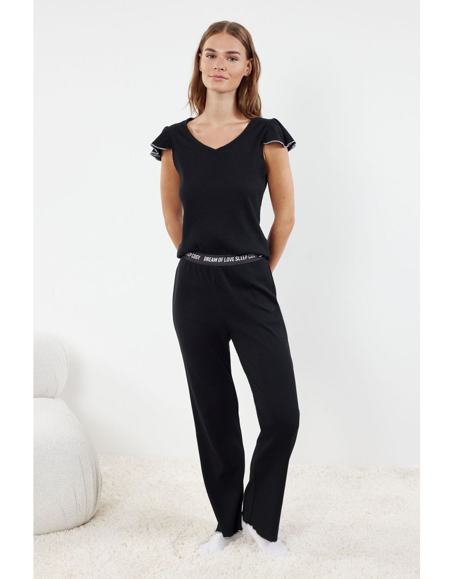 Black Solid Camisole Knitted Pajama Set
