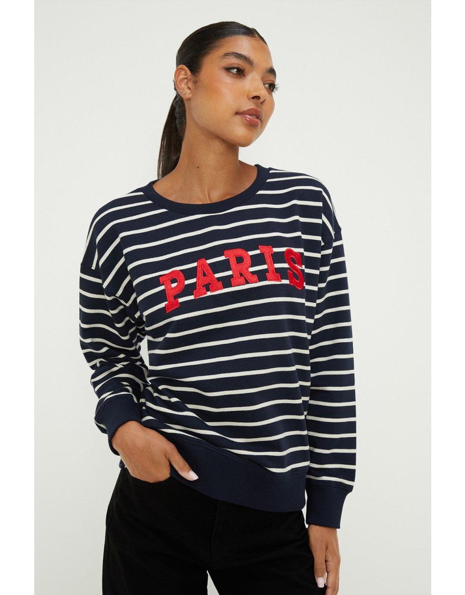 Stripe Crew Neck Slogan Sweatshirt