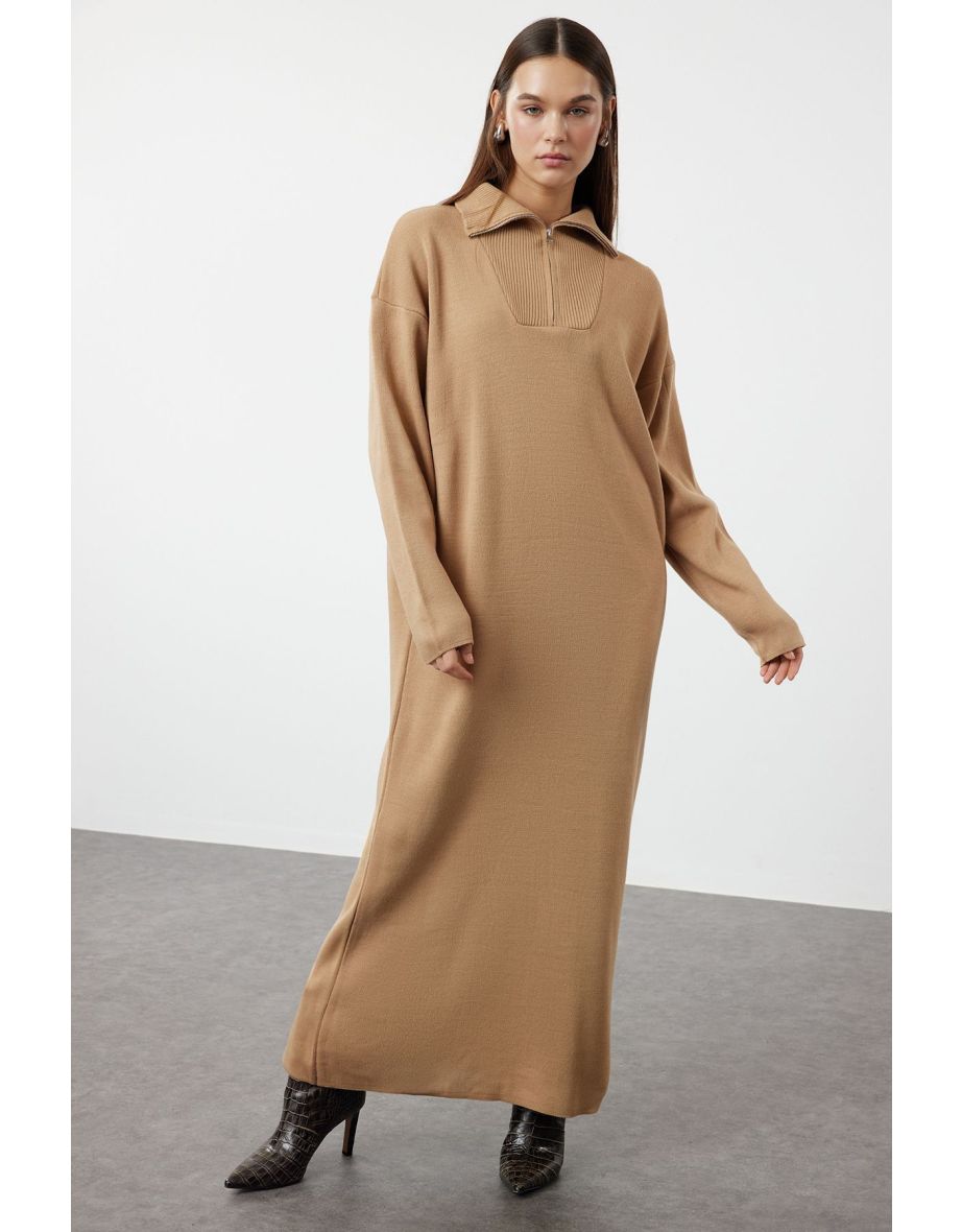Camel Collar Zippered Knitwear Dress