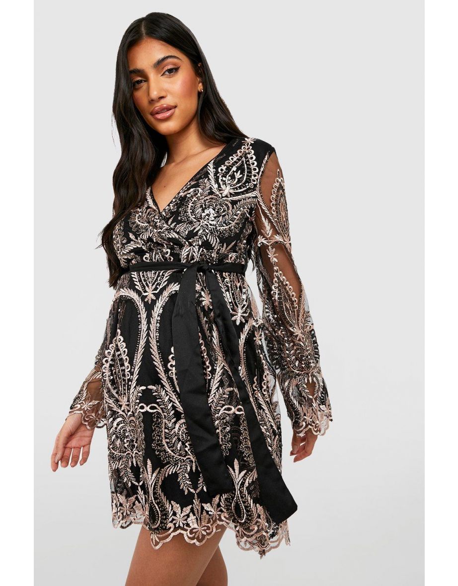 Sequin wrap skater sales dress