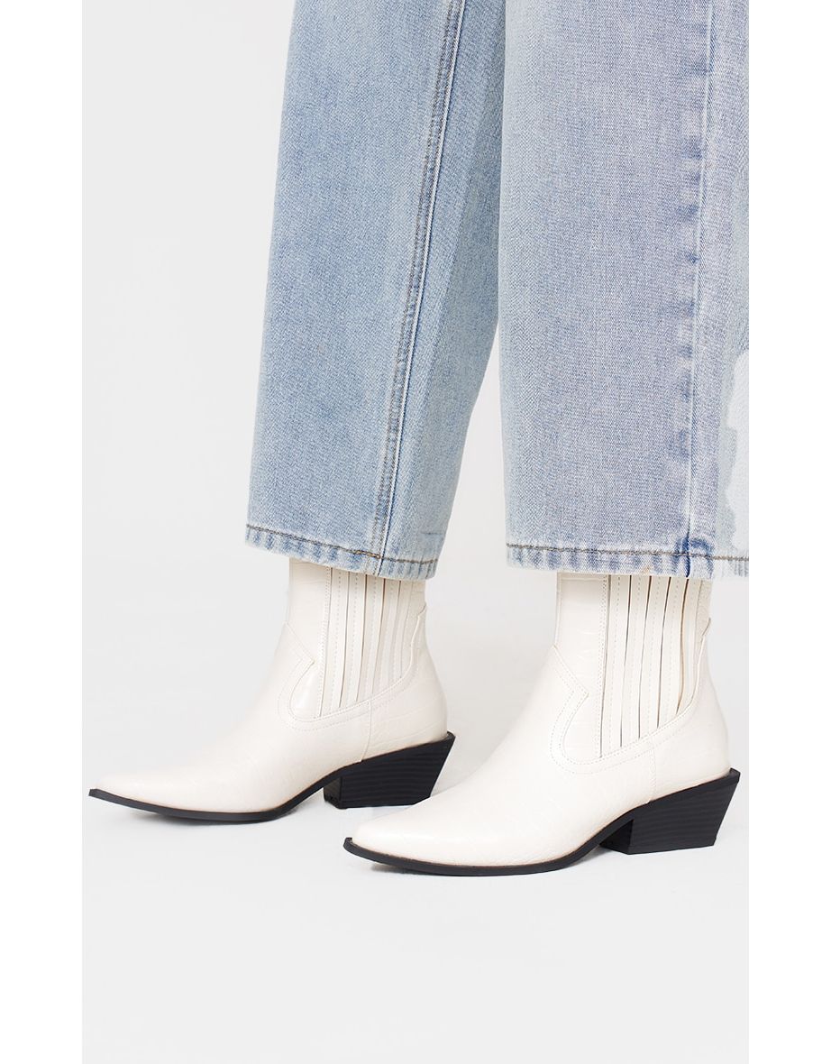 White Croc PU Point Toe Low Block Heel Western Ankle Boots