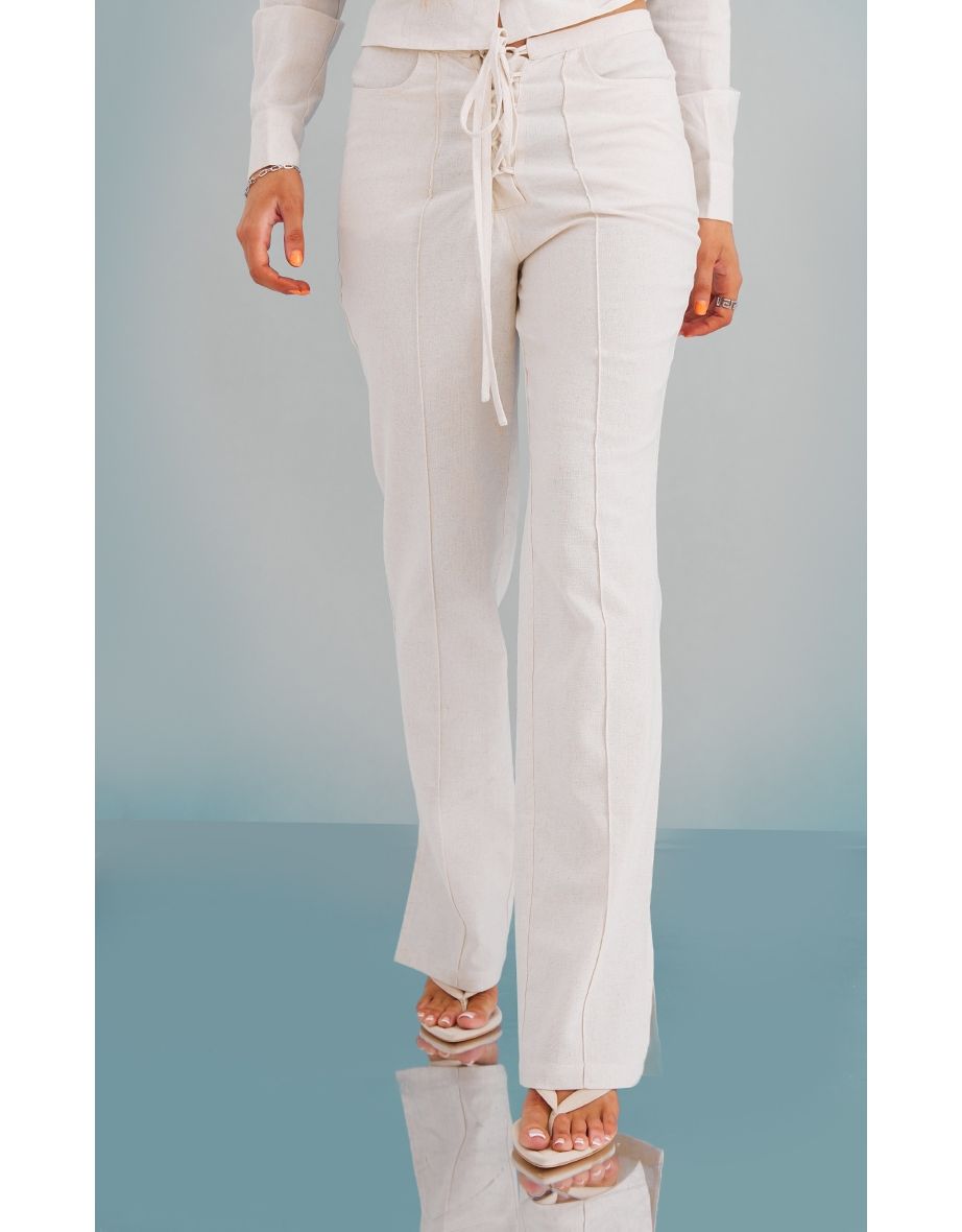 Stone Linen Lace Up Front Tailored Pintuck Flared Trousers