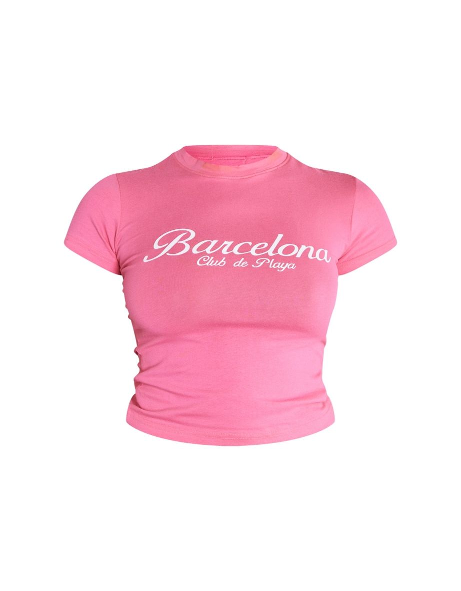 Pink Barcelona Printed Fitted Long T Shirt - 4