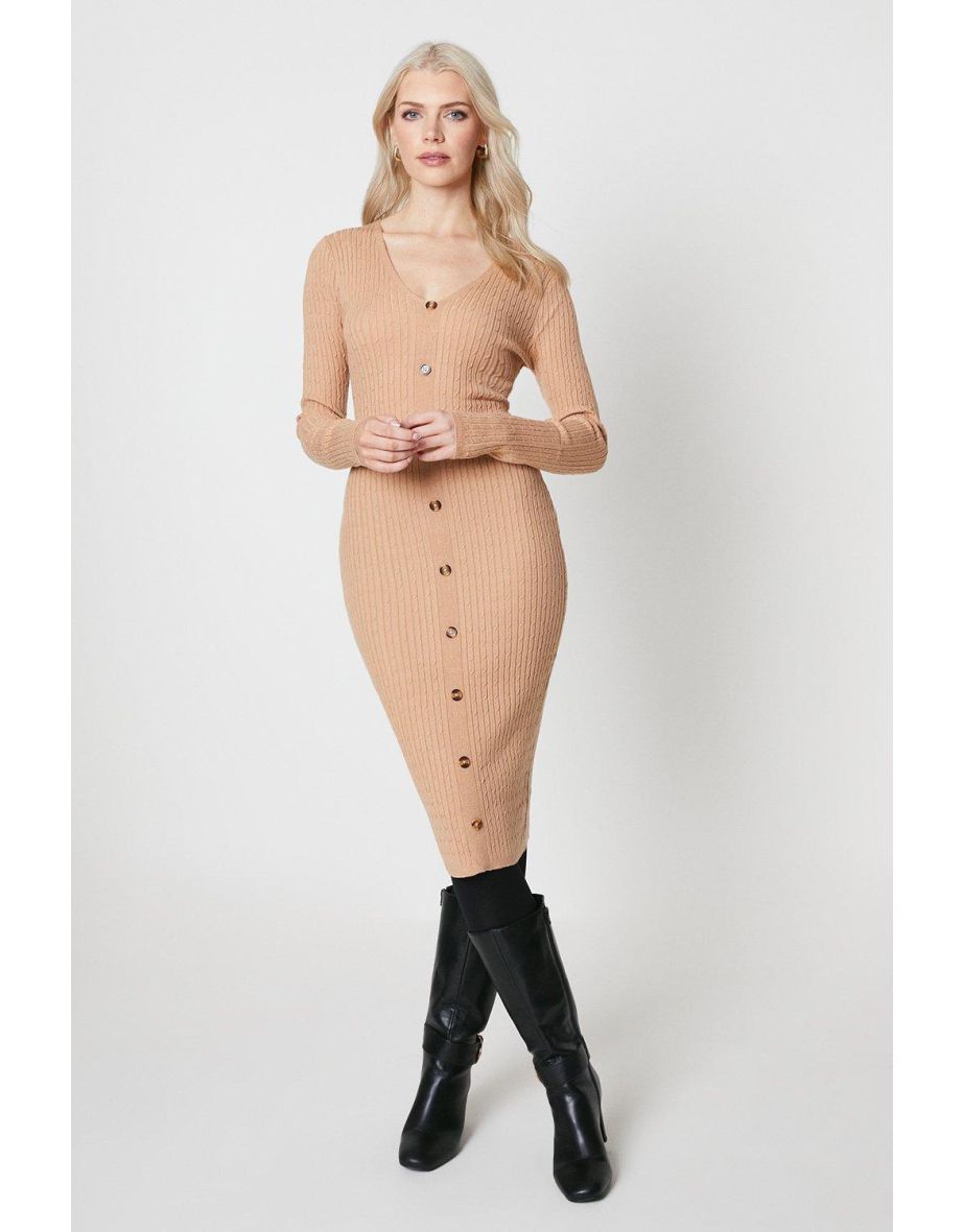 Rib Button Front Maxi Dress - camel