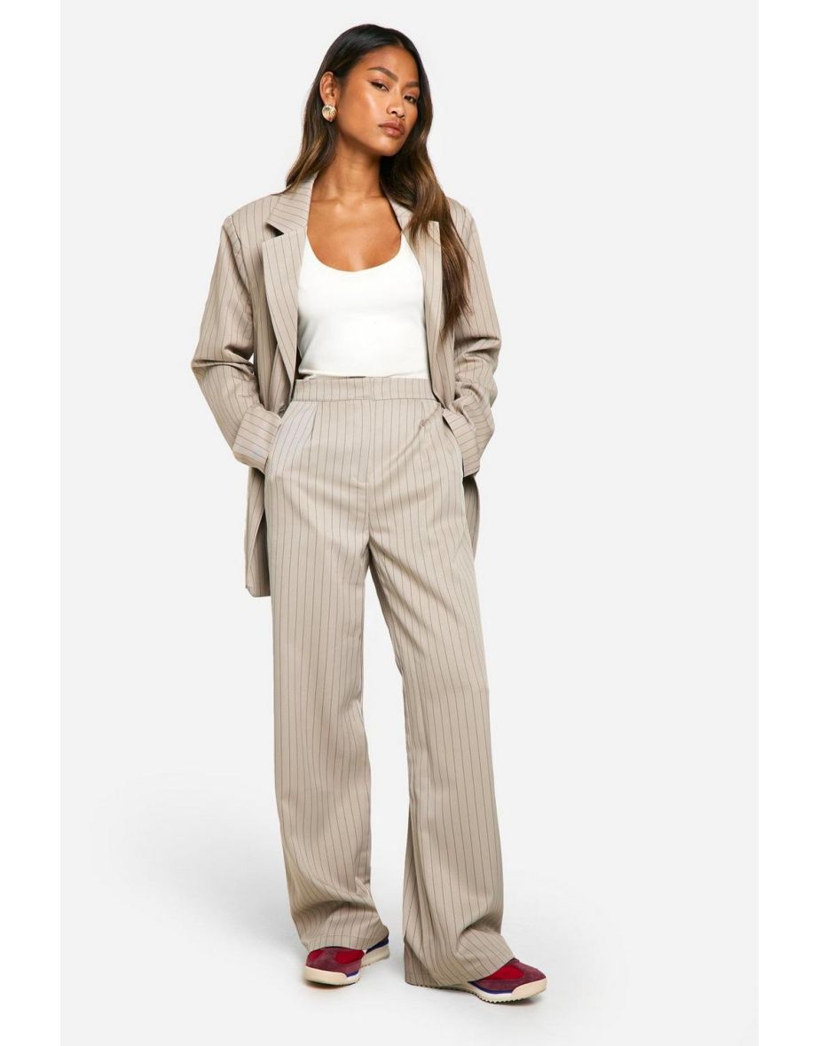 Tonal Pinstripe Relaxed Fit Wide Leg Trousers - stone