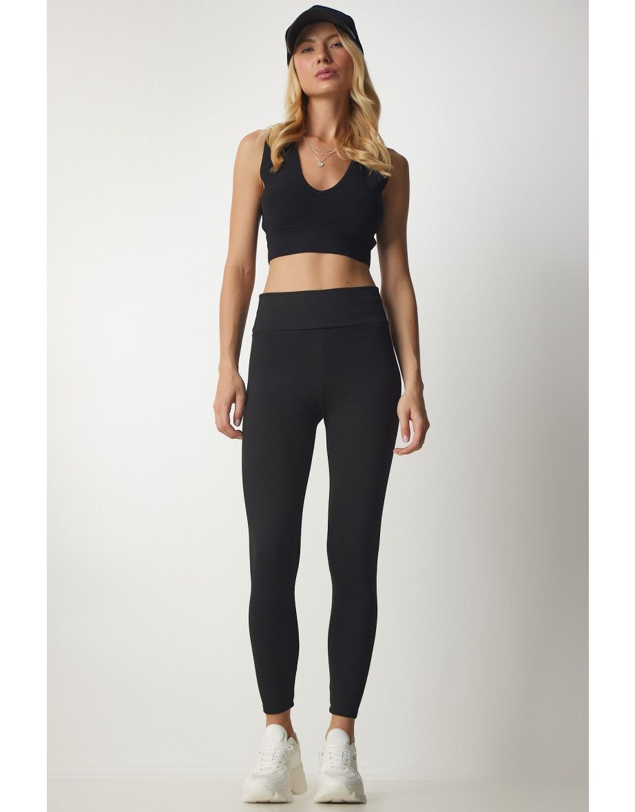 Women's Black High Waist Tights, Thick Knitted Leggings ub00140