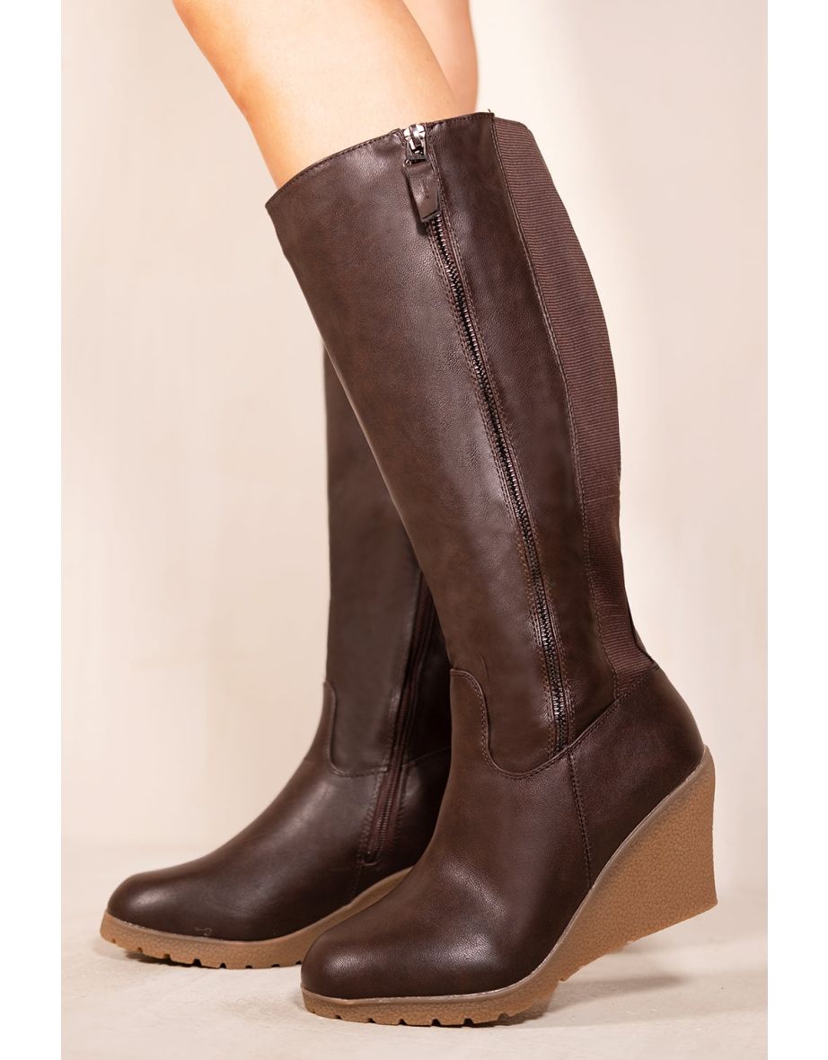 LARA WEDGE HEEL MID CALF HIGH BOOTS WITH SIDE ZIP IN CHOCOLATE BROWN FAUX LEATHER