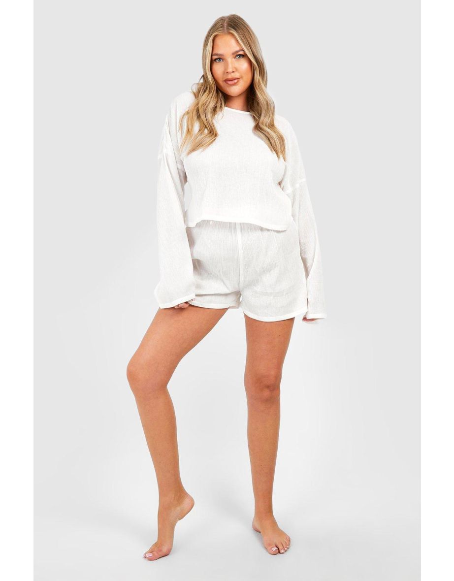 Plus Flare Sleeve And Button Front Loungewear Short Set - white