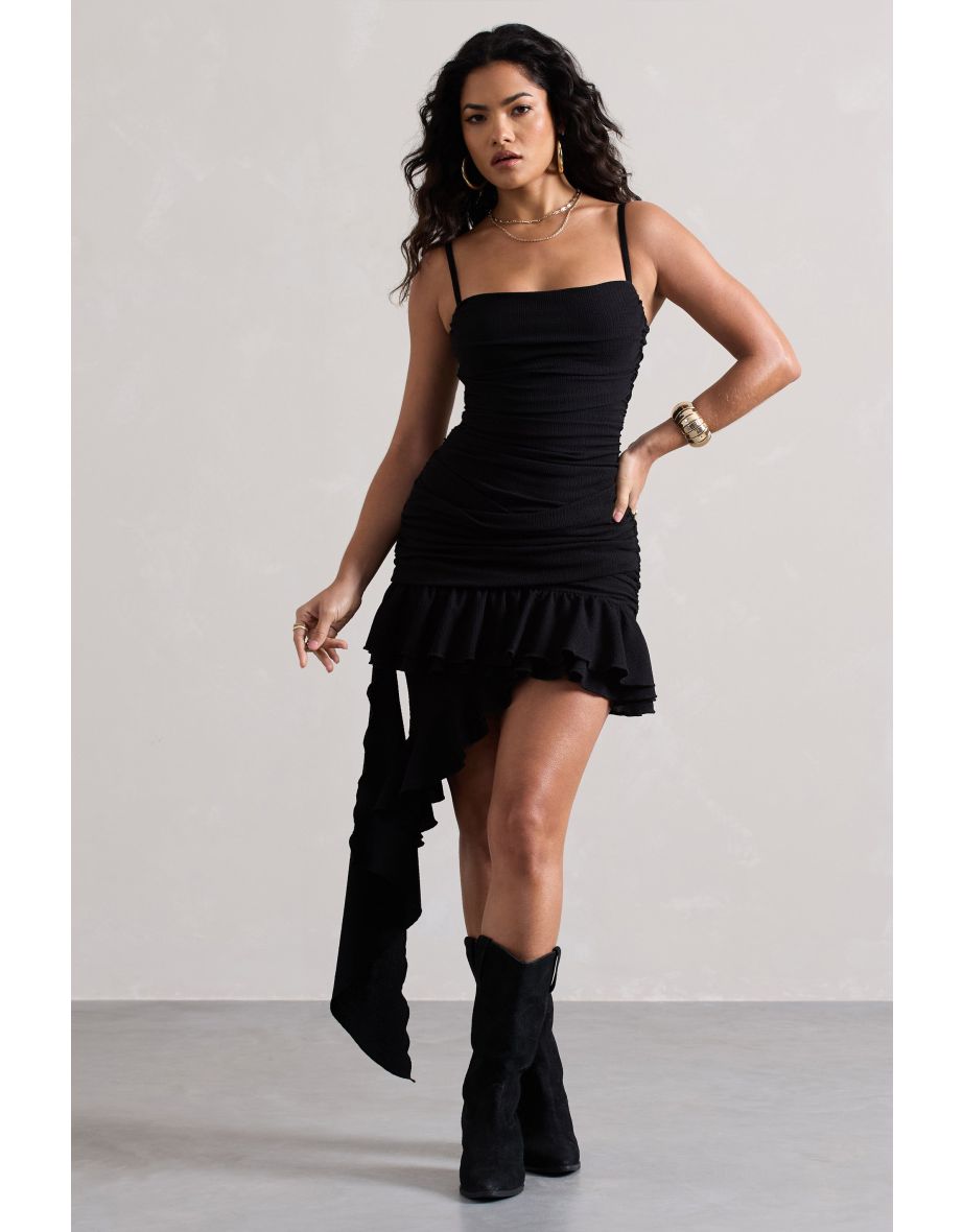Fleetwood | Black Ruched Mini Dress With Asymmetric Ruffle Hem
