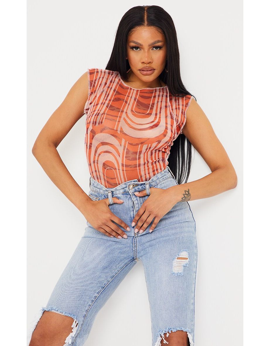 abstract swirl print mesh top