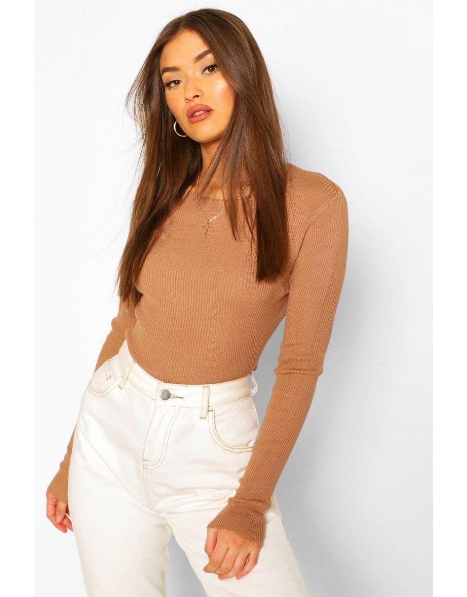 Rib Knit Crew Neck Long Sleeve Top - camel