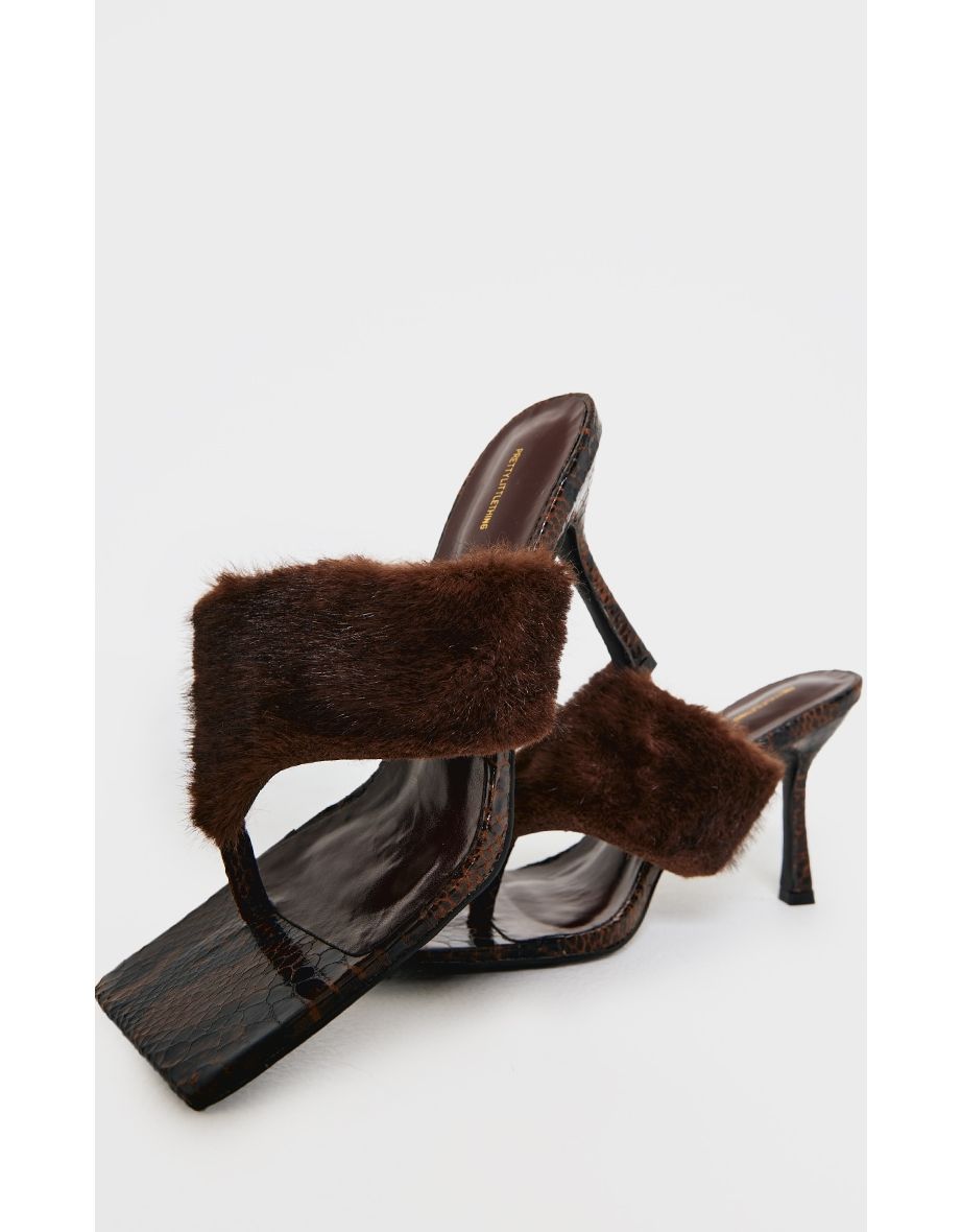 Brown Pu Square Toe Thong Faux Fur Heeled Mules - 3