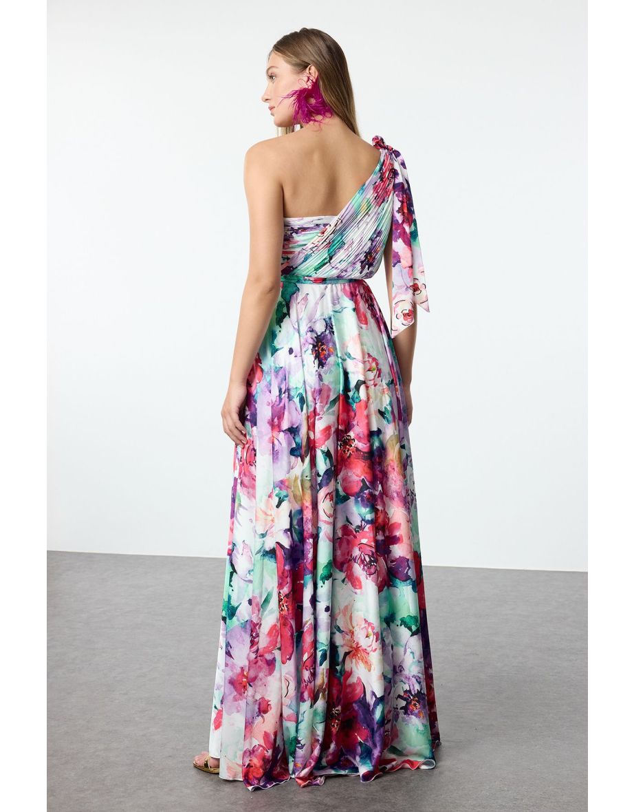 Multi-Colored Floral Patterned One-Shoulder Long Elegant Evening Dress - 6