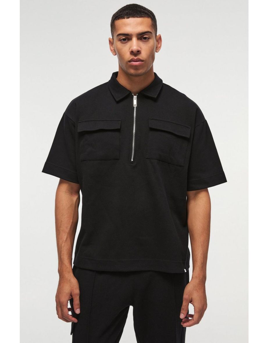 Oversized Interlock Half Zip Cargo Polo And Jogger Set - black - 2