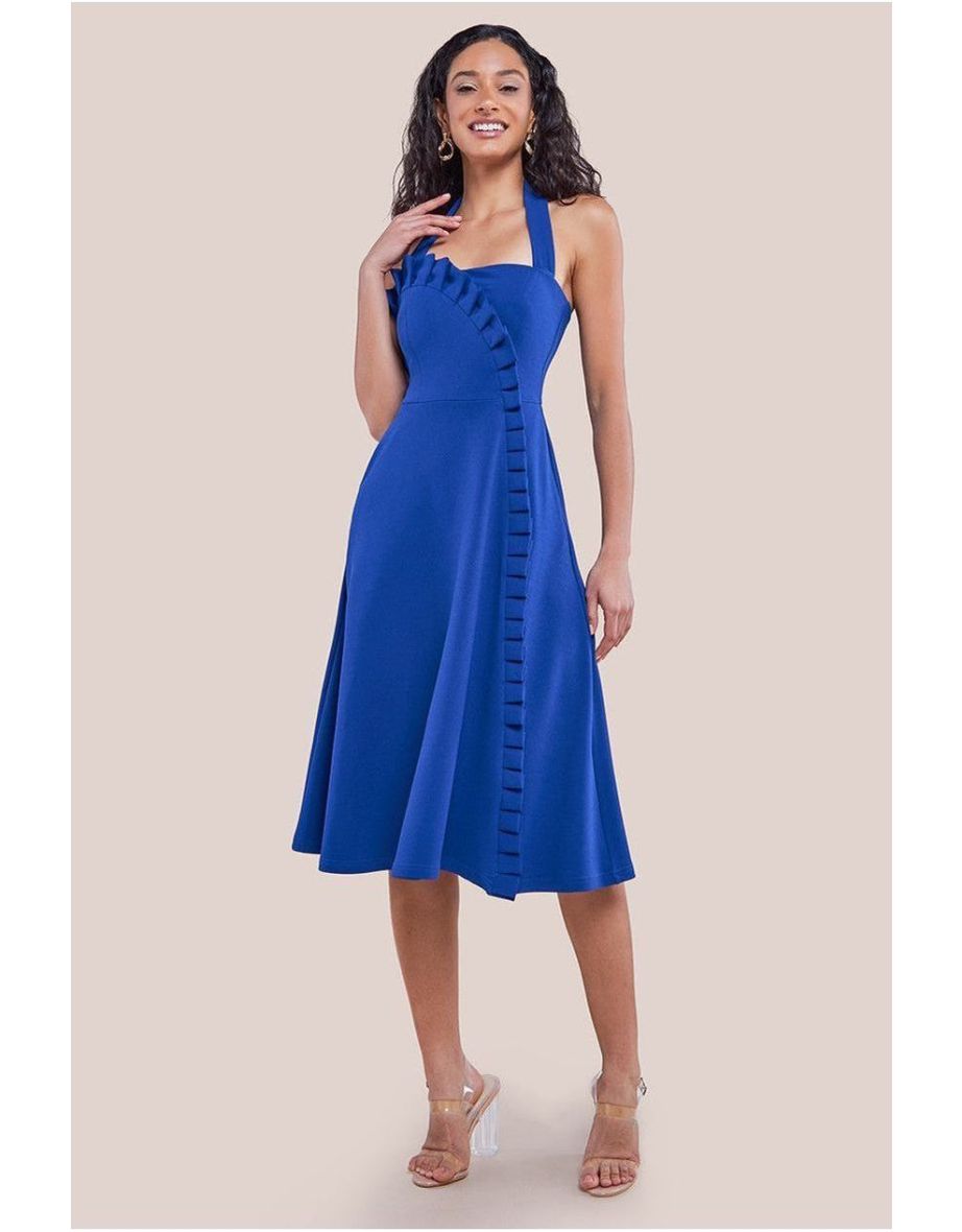 Goddiva Frilled Halter Neck Strap Midi Dress - Royal Blue